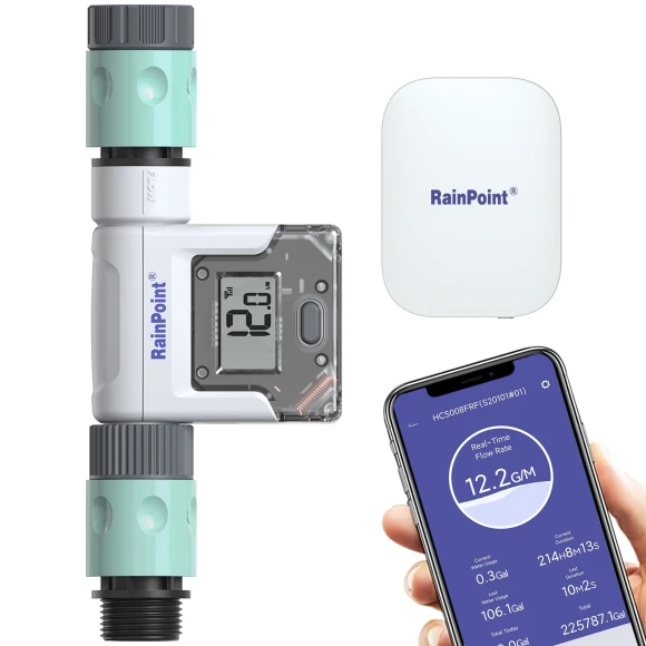 Smart Garden Hose Water Flow Meter with Real-Time Tracking & Usage Alert, RainPoint