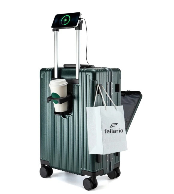 Aluminum Frame PC Carry On Luggage with Cup Holder, Phone Holder, TSA Approved Lock — Smart Luggage, feilario
