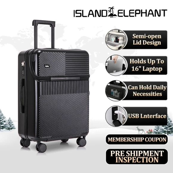 Carry On Luggage with Aluminum Frame, Cup Holder, USB Charging, and 360° Spinner Wheels — Smart Luggage, ISLAND ELEPHANT