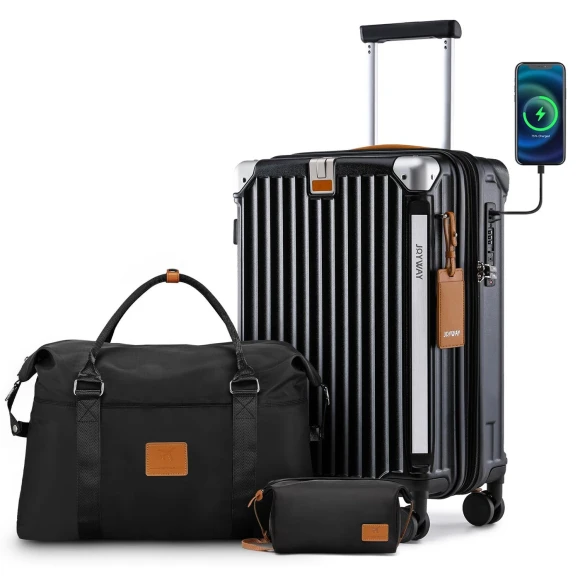 Carry On Luggage with Cup Holder and USB Port, Expandable Capacity, Smart Suitcase with Anti Slip Wheels and Handbag, 3... — Smart Luggage, Joyway