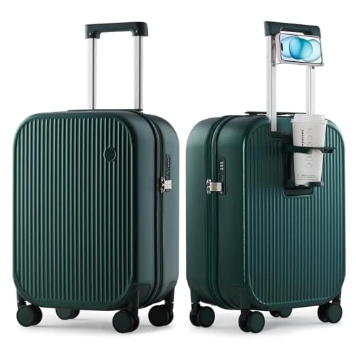 Carry On Luggage with Cup Phone Holder and Charger Hard Shell Suitcases with Spinner Wheels — Smart Luggage, mixi