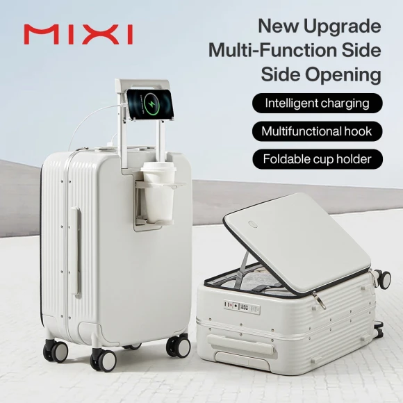 Carry On Luggage with Cup Phone Holder and Charger Hard Shell Suitcase — Smart Luggage, mixi