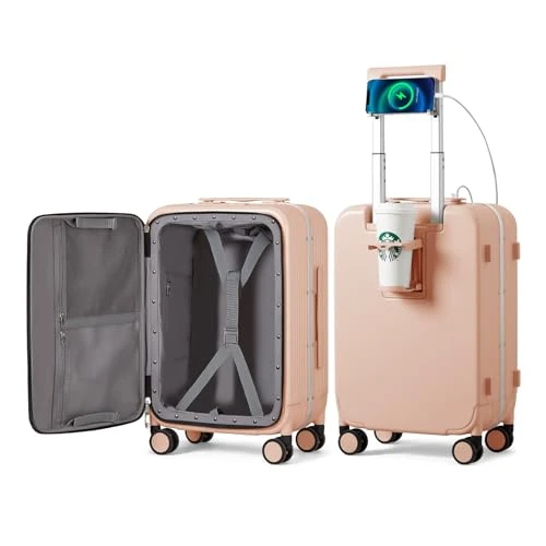 Carry On Luggage with Cup Phone Holder and Charger Hard Shell Suitcase with Spinner Wheels — Smart Luggage, mixi