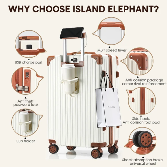 Expandable Carry On Luggage with Cup Holder, USB Charge, and TSA Lock — Smart Luggage, ISLAND ELEPHANT