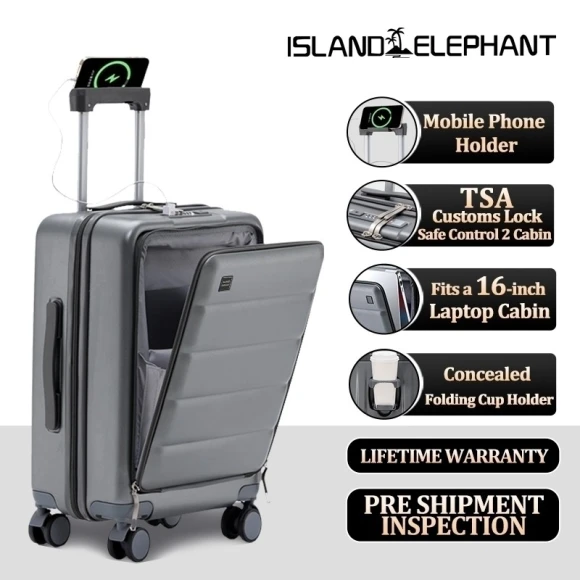 Expandable Carry On Luggage with Cup Holder, USB Charge, and TSA Lock — Smart Luggage, ISLAND ELEPHANT