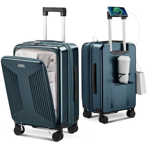 Top Opening Expandable Hard Shell Suitcase with Cup Holder, Phone Holder, and USB Charging Port — Smart Luggage, CASELLY