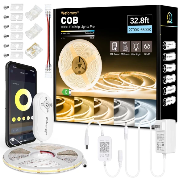 COB LED Strip Light White, 33ft Dimmable 2700K-6500K High Density 24V Flexible LED Tape Light with Remote and APP... — LED Strip Lights, Wefomey