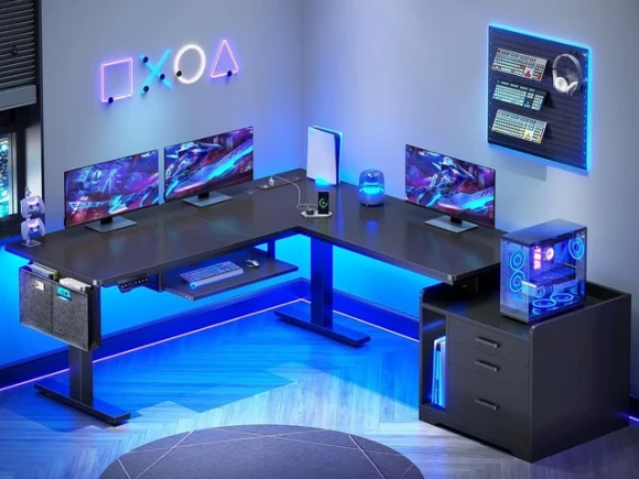 L Shaped Electric Standing Desk with File Cabinet — Standing Desk, SEDETA