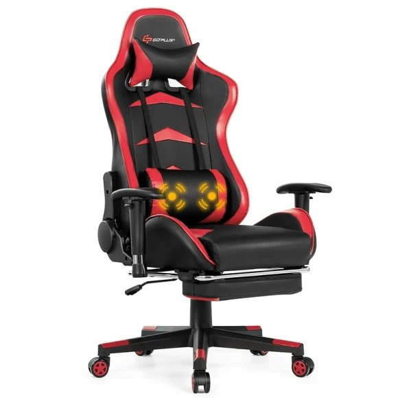 Massage Gaming Chair with Reclining Backrest, Adjustable Handrails and Seat Height, Ergonomic PU Leather Swivel PC Game... — Massage Chairs, Goplus