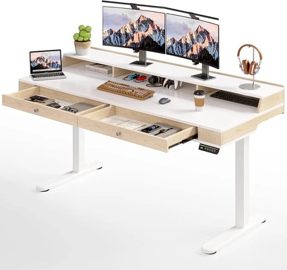 Standing Desk with Drawers, 63x23.6 Inch Electric Stand Up Desk with Storage Shelf and Memory Controller — Standing Desk, ONBRILL