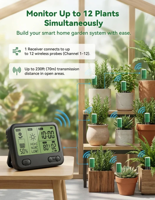 Wireless Soil Moisture Meter with LCD Receiver – 3‑Probe 3‑in‑1 Sensor (Moisture, Temperature, Light), 230 ft RF Range,... — Soil Moisture Sensor, NexusLab