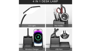 Vicsoon Desk Lamp Wireless Charger USB Charging Port Home Office Pen Holder Dimmable 3 Color Modes