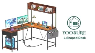 💡Yoobure L Shaped Desk with LED Strip & Power Outlet, ✨Reversible L-Shaped Computer Desk